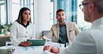 Business, people and talking with tablet for interview, recruitment and accountant vacancy. Staff, candidate and digital faq with finance documents, human resources and feedback for job opportunity