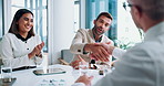 Handshake, clients and people in boardroom, success or agreement to deal in business, paperwork or joy. Shaking hands, colleagues and happy for collaboration in office, investment or smile in meeting