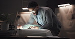 Creative, designer or man with tablet for drawing vehicle sketch or editing skills in office overtime. Deadline, night or automotive stylist with car illustration, motor structure or project process