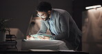 Creative, designer or man with tablet for sketch, drawing vehicle or editing skills in office overtime. Deadline, night or automotive stylist with car illustration, motor structure or project process