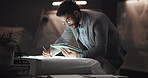 Night, designer or man with tablet for sketch, drawing vehicle or editing skills in office. Deadline, overtime or creative automotive stylist with car illustration, motor structure or project process