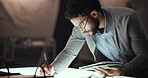 Creative, office or man with tablet for drawing vehicle sketch or editing skills in night overtime. Deadline, designer or automotive stylist with car illustration, motor structure or project process