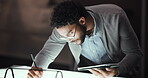 Designer, man and drawing with tablet for art, vehicle sketch and editing design with skills. Deadline, night and creative automotive stylist with car illustration, motor structure or project process