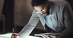 Creative, night or man with tablet for drawing vehicle sketch or editing skills in office overtime. Deadline, designer or automotive stylist with car illustration, motor structure or project process