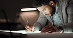 Night, designer or man with draft for drawing vehicle sketch or editing skills in office overtime. Deadline, creative or automotive stylist with car illustration, motor structure or project process
