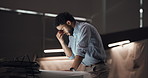 Office, designer or man with stress for drawing vehicle sketch or editing skills in overtime crisis. Frustrated, night or automotive stylist with draft mistake, motor structure or project process