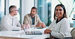 Boardroom, laptop and smile with face of business woman in office for collaboration or meeting. Computer, coworking and leadership with happy corporate employee at table in workplace for development