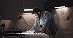 Creative, night or man with draft for drawing vehicle sketch or editing skills in office overtime. Deadline, designer or automotive stylist with car illustration, motor structure or project process 