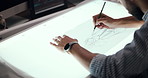 Designer, man and drawing with hands, vehicle sketch and editing design with project process. Deadline, expression and creative automotive stylist with car illustration, motor structure or artistic