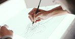 Drawing, sketch and man with design for car, vehicle and automobile prototype at night in studio. Creative designer, artist and person with blueprint, ideas and illustration for automotive structure