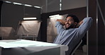 Office, designer and man rest at night done with tasks, project and drawing for car, vehicle and automobile prototype. Creative studio, artist and person relax with blueprint, papers and illustration