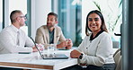 Laptop, leadership and smile with face of business woman in boardroom for collaboration or meeting. Computer, coworking and management with happy corporate employee in office for development