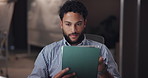 Tablet, relax and businessman in office at night for global PR release for magazine agency publication. Digital technology, overtime and male creative editor working on deadline for company website.