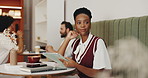 Thinking, planning or woman on tablet in cafe for small business review, ratings or hospitality task. Restaurant schedule, online and coffee shop budget with ideas for reminder, research or feedback