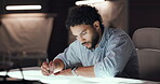 Project, designer or man with draft for drawing vehicle sketch or editing skills in office overtime. Deadline, night or automotive stylist with car illustration, motor structure or creative process 