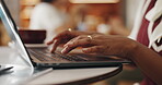 Hands, entrepreneur or woman on laptop in coffee shop for small business review, ratings or hospitality task. Restaurant schedule, online and cafe budget with closeup for profit, research or feedback