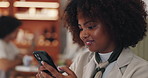 Cafe, phone and happy business woman typing, texting or reading notification for sales feedback. Mobile, coffee shop or freelance customer on internet for networking, financial email or communication