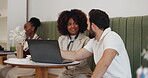 Cafe, business people and talking with laptop for research, article information or teamwork. Coffee shop, man and woman as journalists with digital, blog website or angle discussion for press release