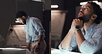 Architect, collage and man with stress for blueprint design, challenge or creative block in office at night. Engineer, paper or floor plan for construction mistake, fail or mental fatigue on deadline