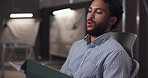Man, designer and tired with tablet at night in workshop with breathing, anxiety or deadline for project. Person, exhausted and burnout with digital touchscreen, break or done with proposal at agency