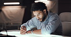 Drawing, sketch and man with paper for car, vehicle and automobile prototype at night in studio. Creative designer, artist and person with blueprint, ideas and illustration for structure or model