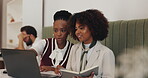 Discussion, business people and notebook with laptop in cafe, article information and teamwork. Coffee shop, journal and women as journalists with digital, blog and angle solution for press release