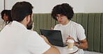 Cafe, meeting and business people with freelance, b2b networking or website discussion. Human resources, teamwork and coffee shop communication with technology for remote work and project ideas