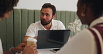 Cafe, teamwork and business people with collaboration, b2b networking or website discussion. Human resources, meeting and coffee shop communication with technology for remote work project ideas