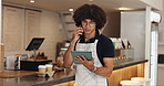 Phone call, man and waiter with tablet in coffee shop for online order confirmation with customer. Digital technology, restaurant and barista on mobile discussion for communication with inventory.