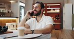 Phone call, communication and man with smartphone, cafe and asking for feedback, web designer and laptop. Consulting, freelancer and planning for layout with contact, smile and technology for design