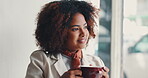 Thinking, smile and woman with coffee, office and daydreaming for opportunity in law firm or paralegal. Contemplating, happy and person with cup in business, career growth and tea break in morning