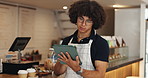 Tablet, man and waiter in cafeteria for inventory checklist online for order with supplier. Stock, restaurant and male barista with digital technology for website update with menu in coffee shop. 