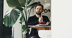 Thinking, planning and businessman in cafe writing for checklist, reflection and hospitality task. Restaurant schedule, hotel manager and coffee shop budget with diary for reminder, research or ideas