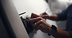 Hands, night and man drawing on paper for engineering design, blueprints and planning for urban project. Town planner, architect and person in dark with layout, floor plan and creative sketching