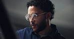 Artist, night and man in studio for project with deadline for startup business visual communication. Sketching, creative and male graphic designer sketching for art with branding prototype in office.