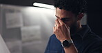 Man, night and eye strain in office, stress and architect frustrated with headache in workplace. Migraine, proposal deadline and overwhelmed with mental health, burnout and professional fatigue