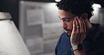 Man, night and migraine in office, stress and architect frustrated with headache in workplace. Massage temple, proposal deadline and overwhelmed with mental health, burnout and professional fatigue