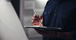 Tablet, pen and hands of man drawing in studio at night for branding prototype project. Creative, artist and male graphic designer with digital technology for animation development with sketching.