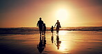 Family, silhouette and run with sunset on beach of race game, energy and bonding of summer vacation. Parents, kids and play with ocean activity, tropical holiday and travel adventure for getaway trip