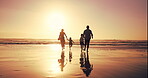 Family, kids and run with sunset on beach of race game, energy and bonding of summer vacation. Parents, children and playful with ocean activity, tropical holiday and travel adventure of getaway trip