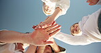 Below, family and hands stack outdoor for vacation agreement, parents security and team building. People, kids and trust with solidarity for support, holiday games and bonding together of wellness