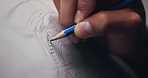 Hands, sketch and design for car in workshop, closeup and editing process for deadline at night. Person, paper and canvas with drawing for electric vehicle, transport and wheel in studio at company
