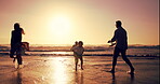 Parents, children and run with sunset on beach of race game, energy and bonding of summer vacation. Family, kids and playful with ocean activity, tropical holiday and travel adventure of getaway trip