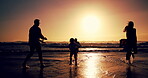 Family, silhouette and run with sunset at sea with race game, energy and bonding of summer vacation. Parents, kids and play with beach activity, tropical holiday and travel adventure for getaway trip