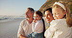 Smile, parents and kids with hug at beach for summer vacation, travel trip and bonding together. Family, children and embrace for ocean destination of tropical holiday, weekend getaway and affection