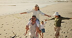 Family, kids and carry on shoulder at beach for summer vacation, travel fun and bonding together. Parents, children and tropical ocean with freedom of holiday getaway, weekend journey and flying game