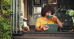 Coffee shop, drink and student on tablet for online project, digital learning and research for assignment. University, restaurant and person on tech for website, internet search and studying in cafe