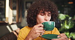 Happy, drinking and man with coffee in cafe for relax on weekend morning in restaurant. Calm, happy and male person enjoying cup of organic chai, matcha or tea latte in diner for energy in morning.