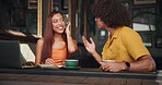 Students, coffee shop and people on laptop talking for studying together, group project and university. Cafeteria, restaurant and man and woman in conversation, flirting and social chat on break