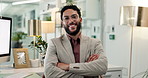 Face, corporate and happy business man with pride, confidence and financial advisor in office. Portrait, glasses and professional entrepreneur with arms crossed, wealth consultant and worker in UAE
